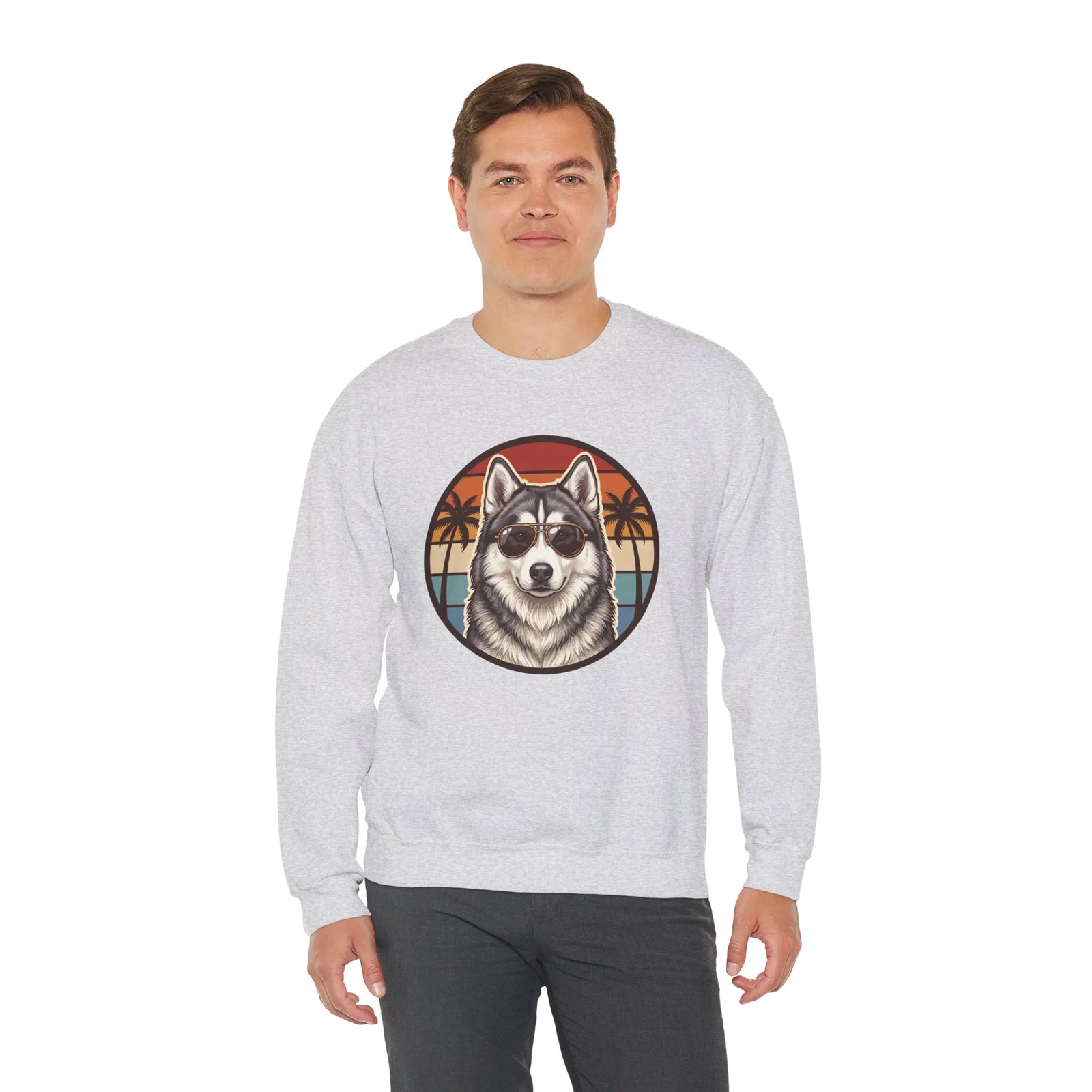 Siberian Husky 70s Sunset Aviators Sweatshirt - Heavyweight Cotton Blend Crewneck - Unisex White