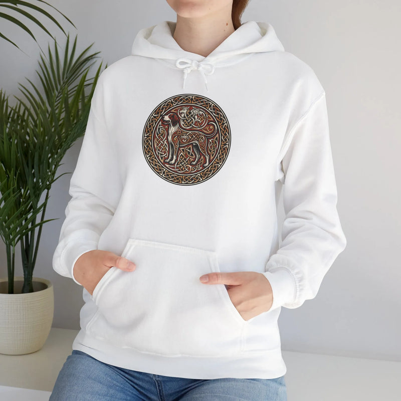 Norse Knotwork Hound Hoodie - Heavyweight Cotton Blend Pullover - Unisex White