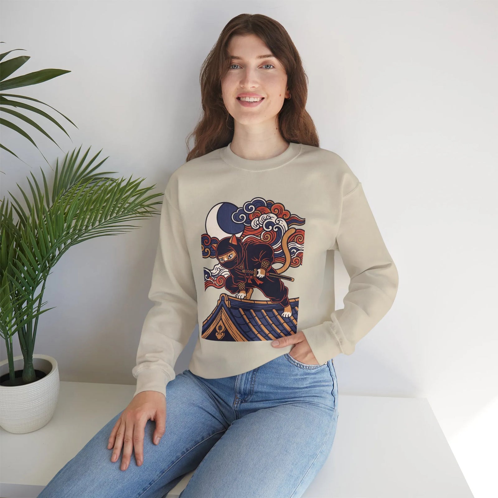 Ninja Cat Ukiyo-e Samurai Sweatshirt - Soft Heavyweight Fleece Crewneck - Unisex White