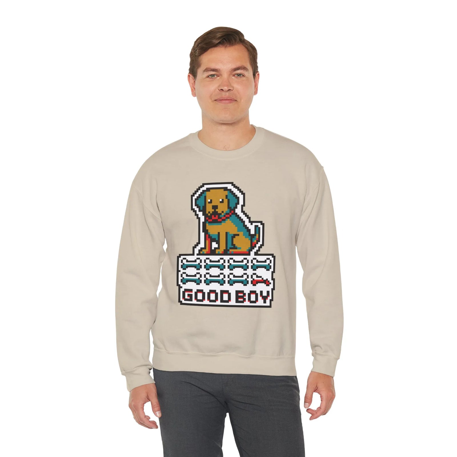 Good Boy 8-Bit Pixel Dogs Sweatshirt - Heavyweight Cotton Blend Crewneck - Unisex White
