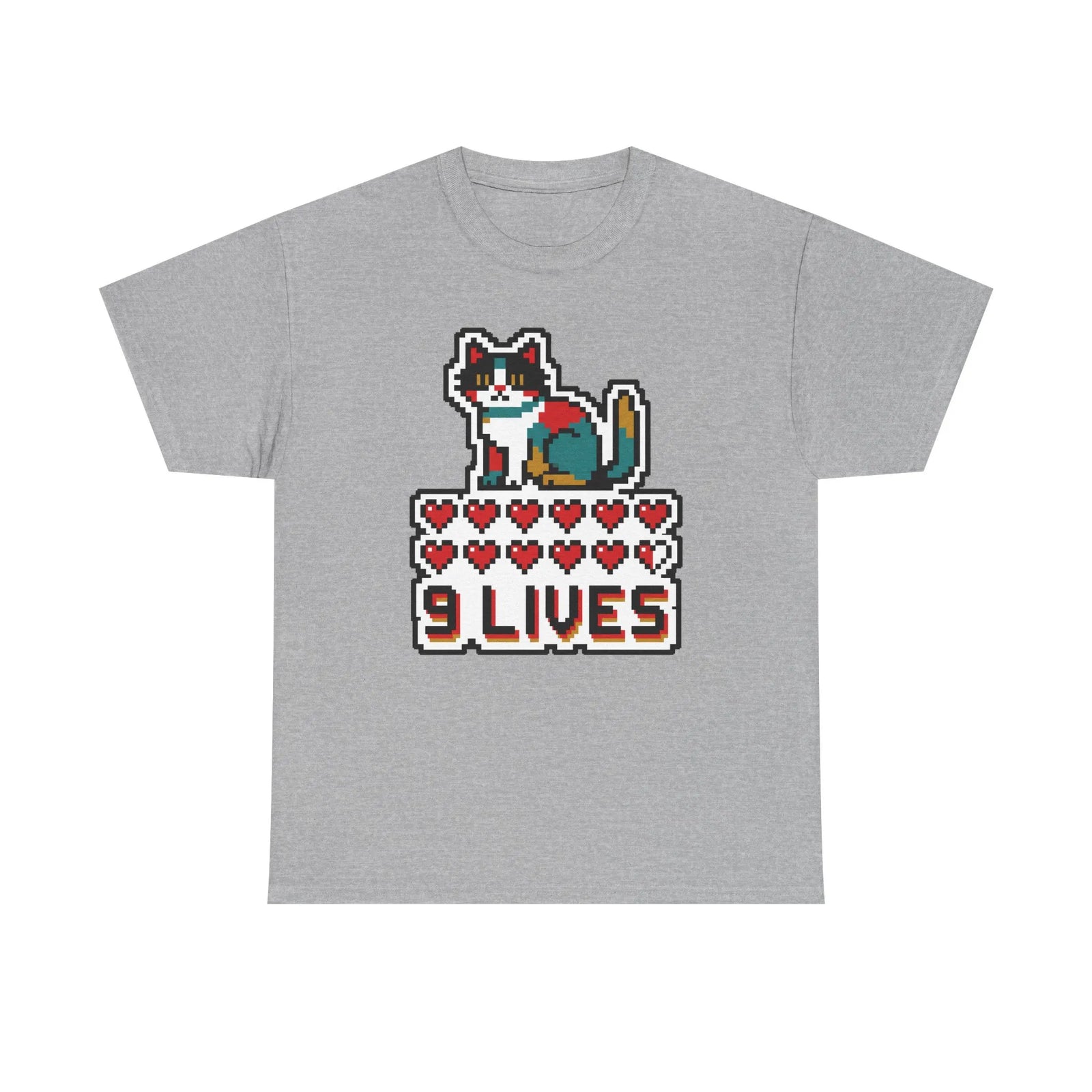 Nine Lives 8-Bit Pixel Gaming Cat T-Shirt - Heavy Cotton Classic Fit - Unisex White