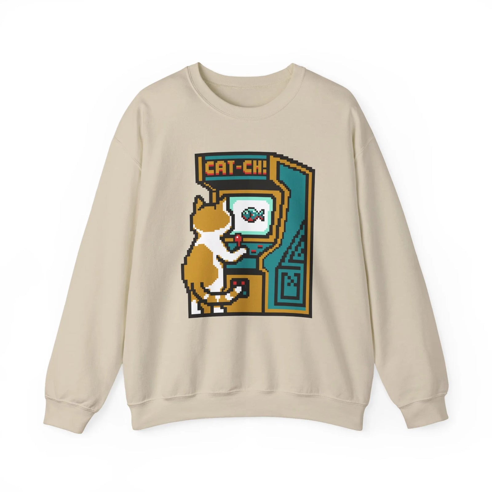 Arcade Night Pixel Gaming Cats Sweatshirt - Heavy Blend Fleece Crewneck - Unisex White
