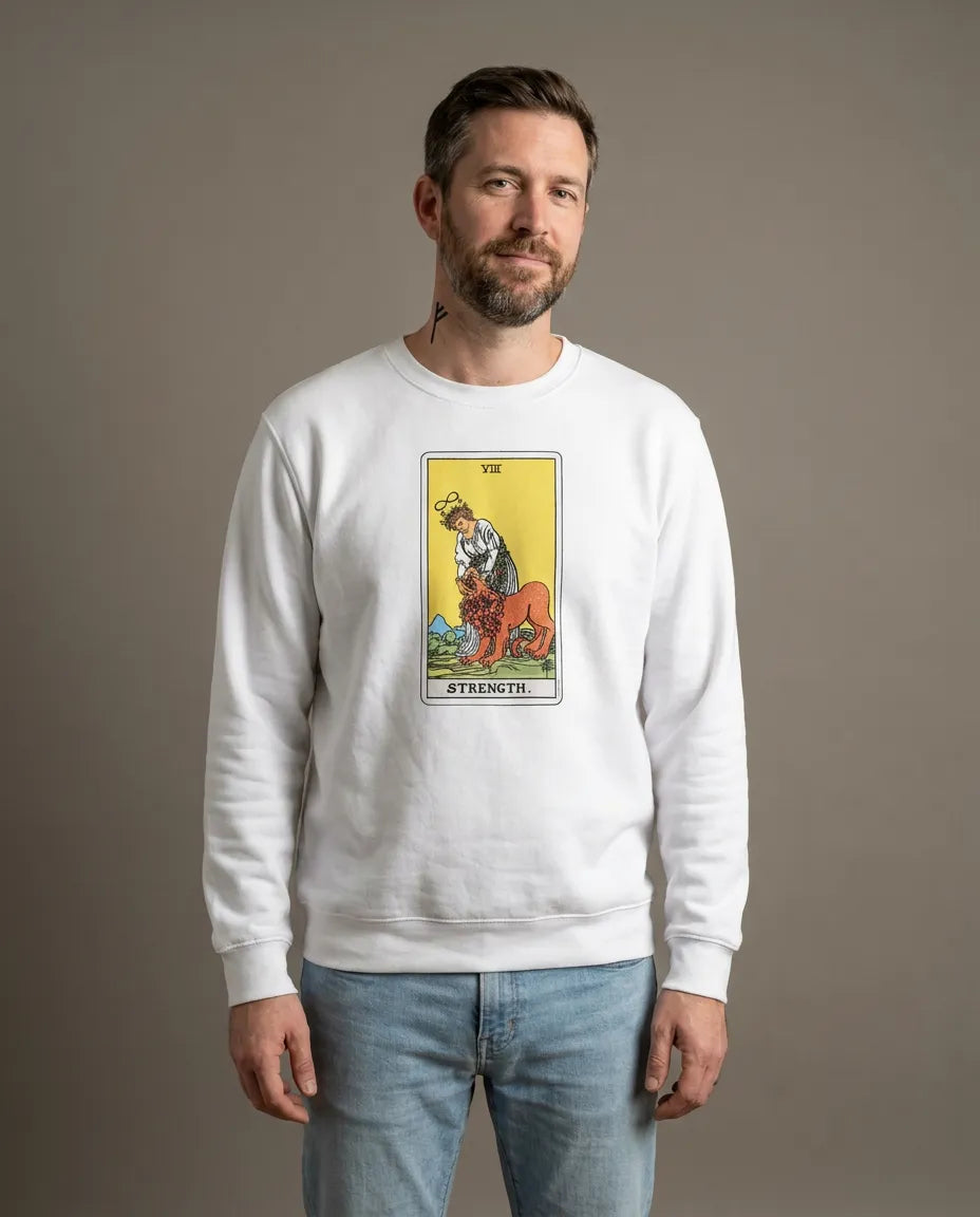 Strength Tarot Card Sweatshirt - Heavy Blend Crewneck Fleece - Unisex White