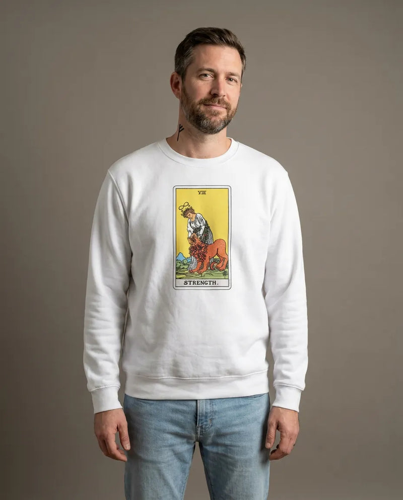 Strength Tarot Card Sweatshirt - Heavy Blend Crewneck Fleece - Unisex White