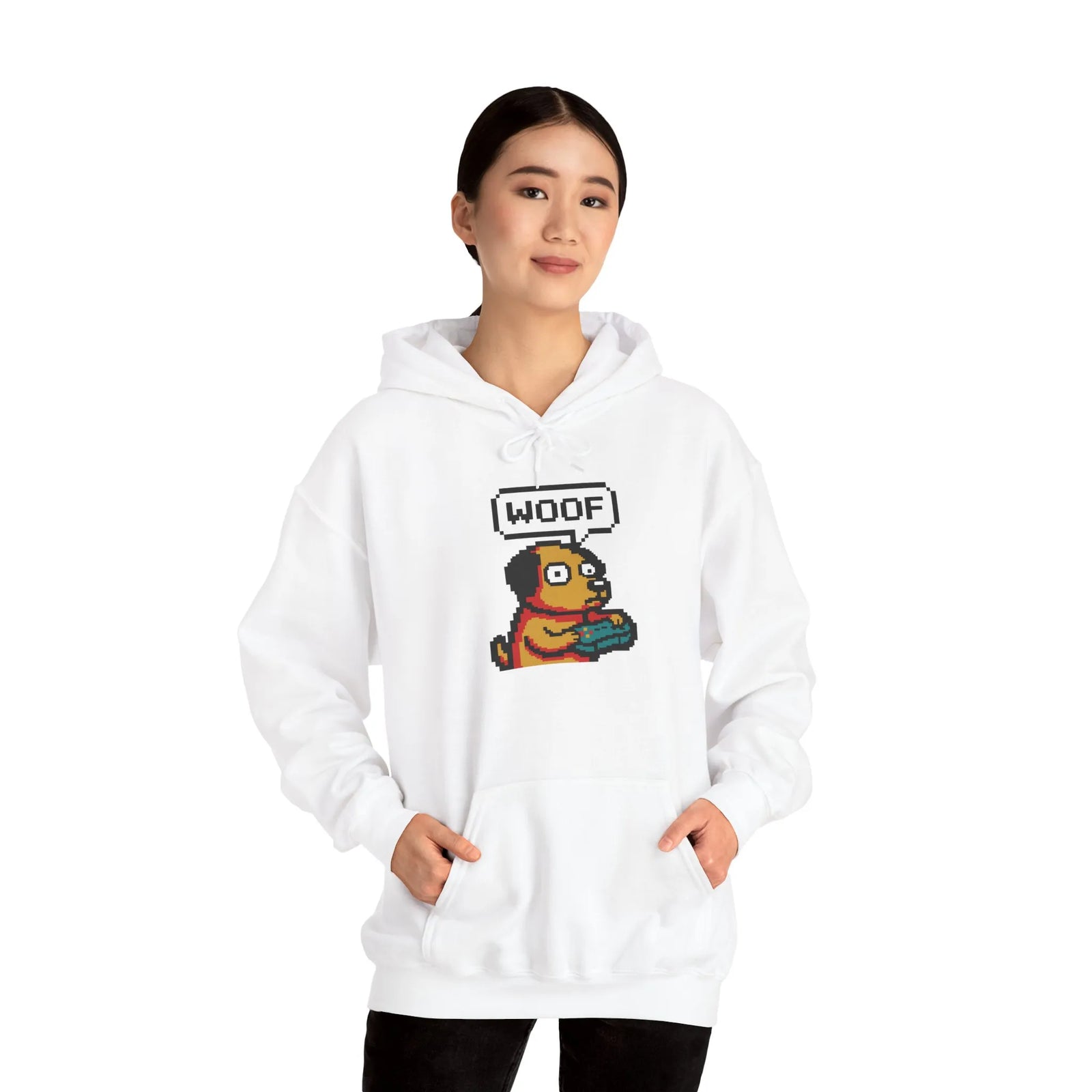 Player One 8-Bit Gaming Dog Hoodie - Soft Cotton-Poly Blend Fleece - Unisex White