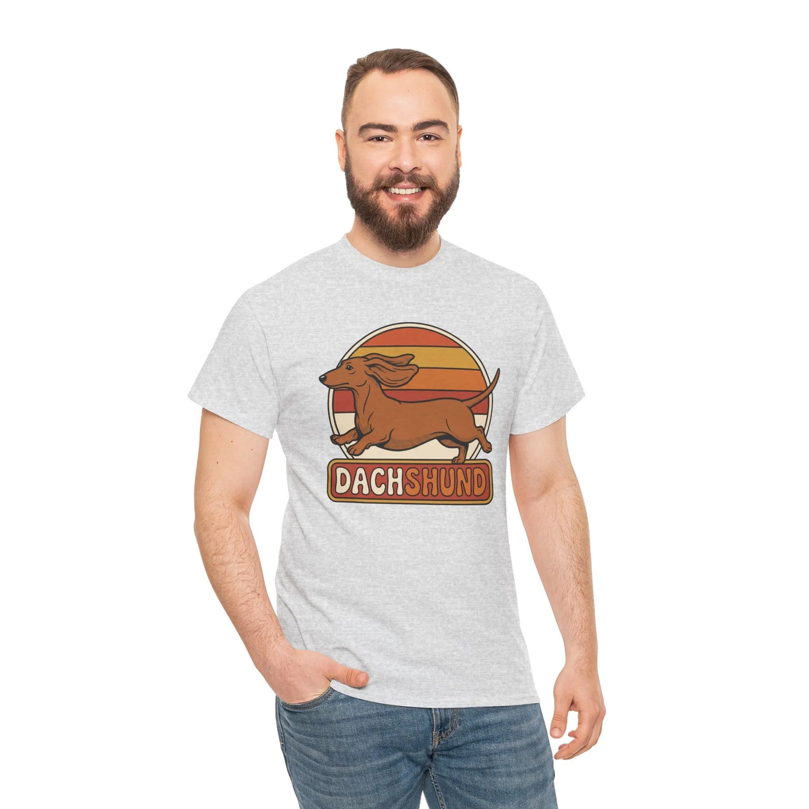 Dachshund Retro 70s Sunset Graphic T-Shirt - Heavy Cotton Classic Fit Tee - Unisex White