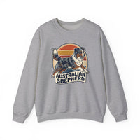 Australian Shepherd Retro 70s Sunset Sweatshirt - Heavy Blend Cotton Poly Crewneck - Unisex White