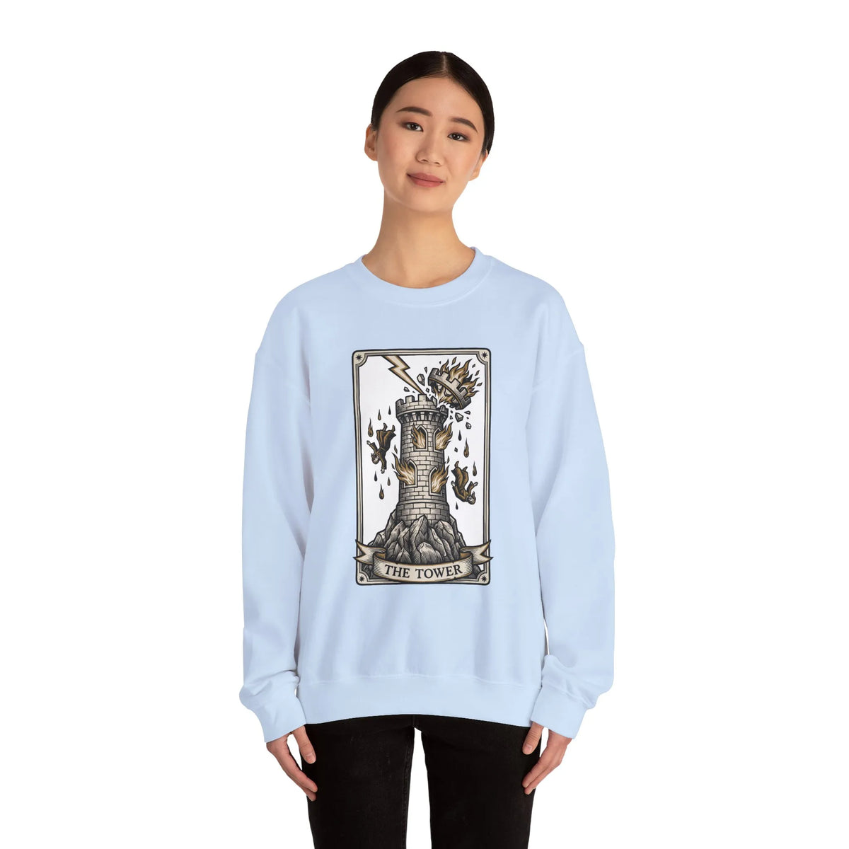 The Tower Tarot Card Sweatshirt - Heavy Blend Fleece Crewneck - Unisex White