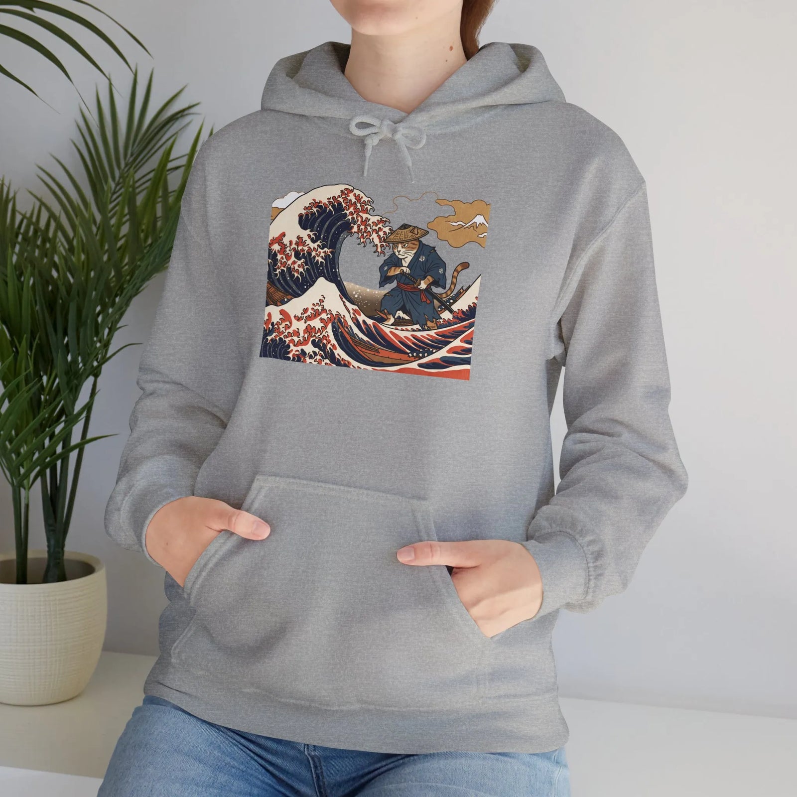 Ronin Wave Samurai Cat Ukiyo-e Hoodie - Heavy Blend Fleece Pullover - Unisex White