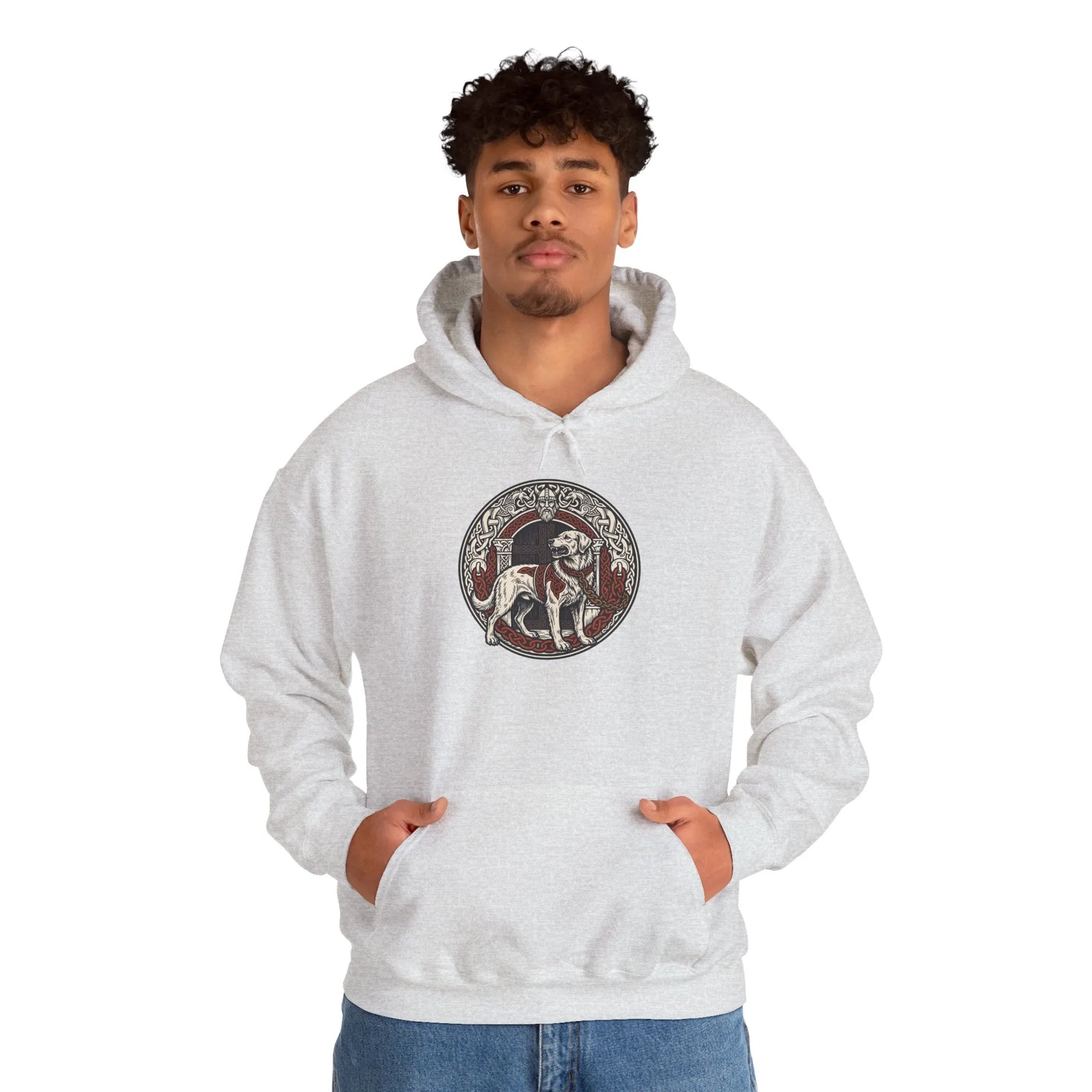 Garmr Odin's Wolves Norse Woodcut Hoodie - Heavy Blend Fleece Pullover - Unisex White