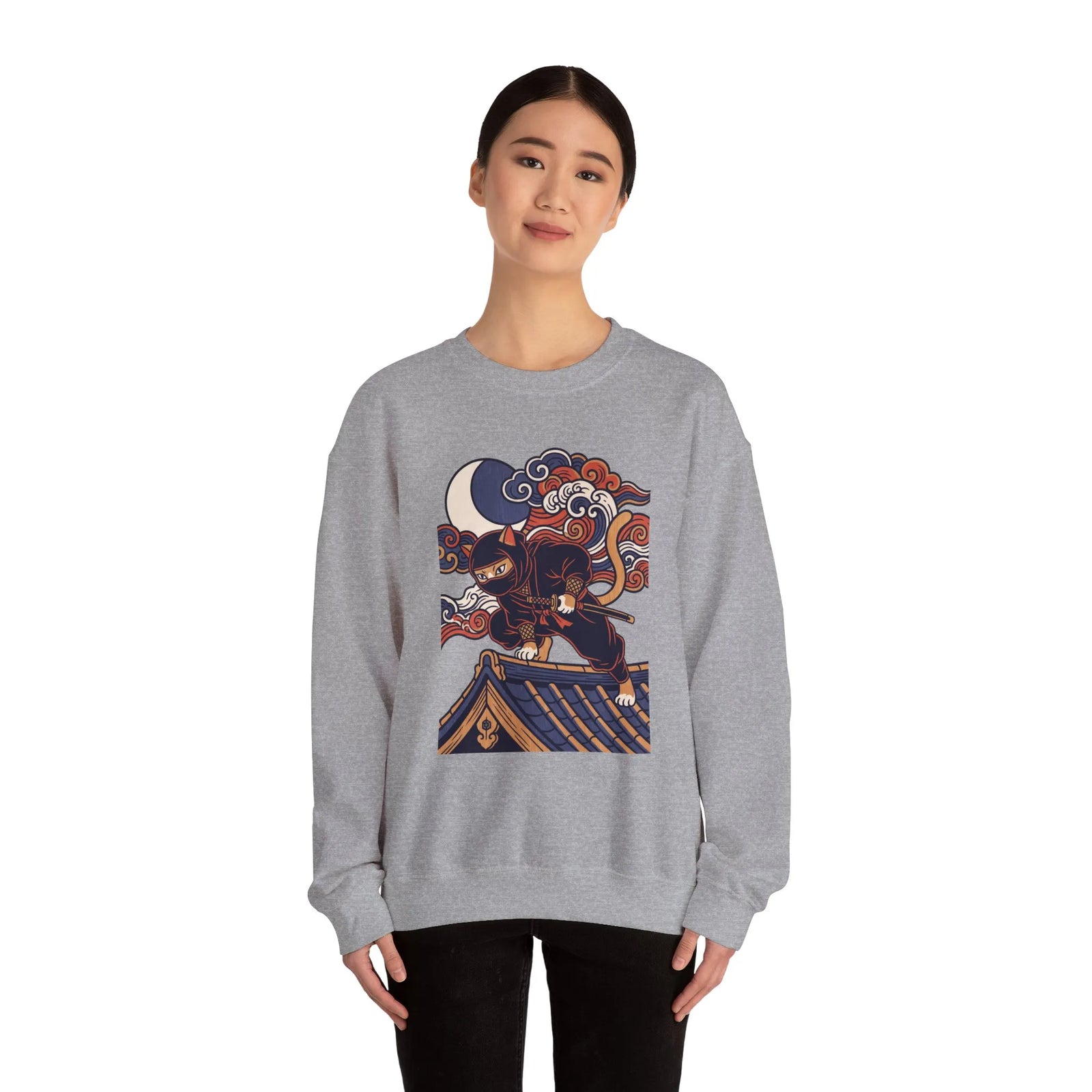 Ninja Cat Ukiyo-e Samurai Sweatshirt - Soft Heavyweight Fleece Crewneck - Unisex White