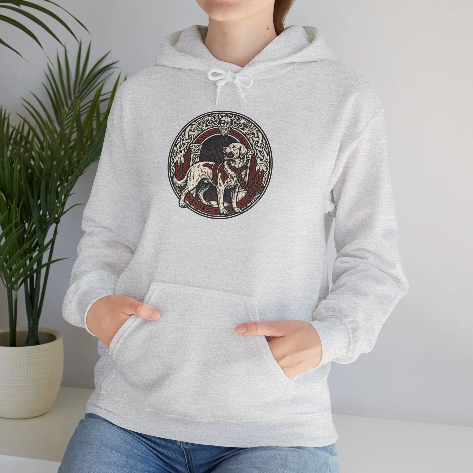 Garmr Odin's Wolves Norse Woodcut Hoodie - Heavy Blend Fleece Pullover - Unisex White