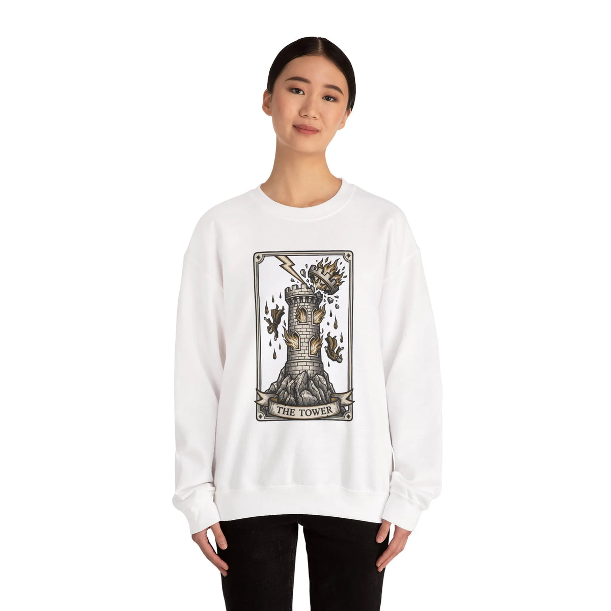 The Tower Tarot Card Sweatshirt - Heavy Blend Fleece Crewneck - Unisex White
