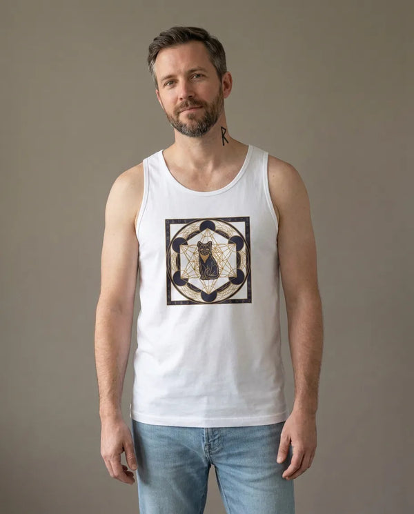 Metatron's Cat Sacred Geometry Tank Top - Lightweight Combed Cotton Jersey - Unisex White