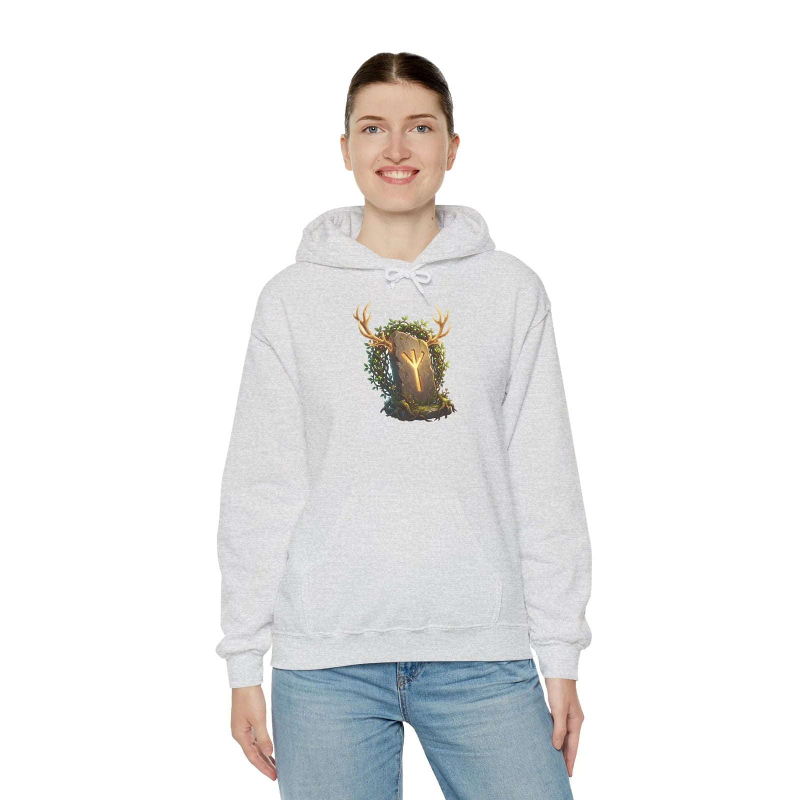 Elhaz Protection Rune Antler Hoodie - Heavy Blend Cotton Blend Pullover - Unisex White