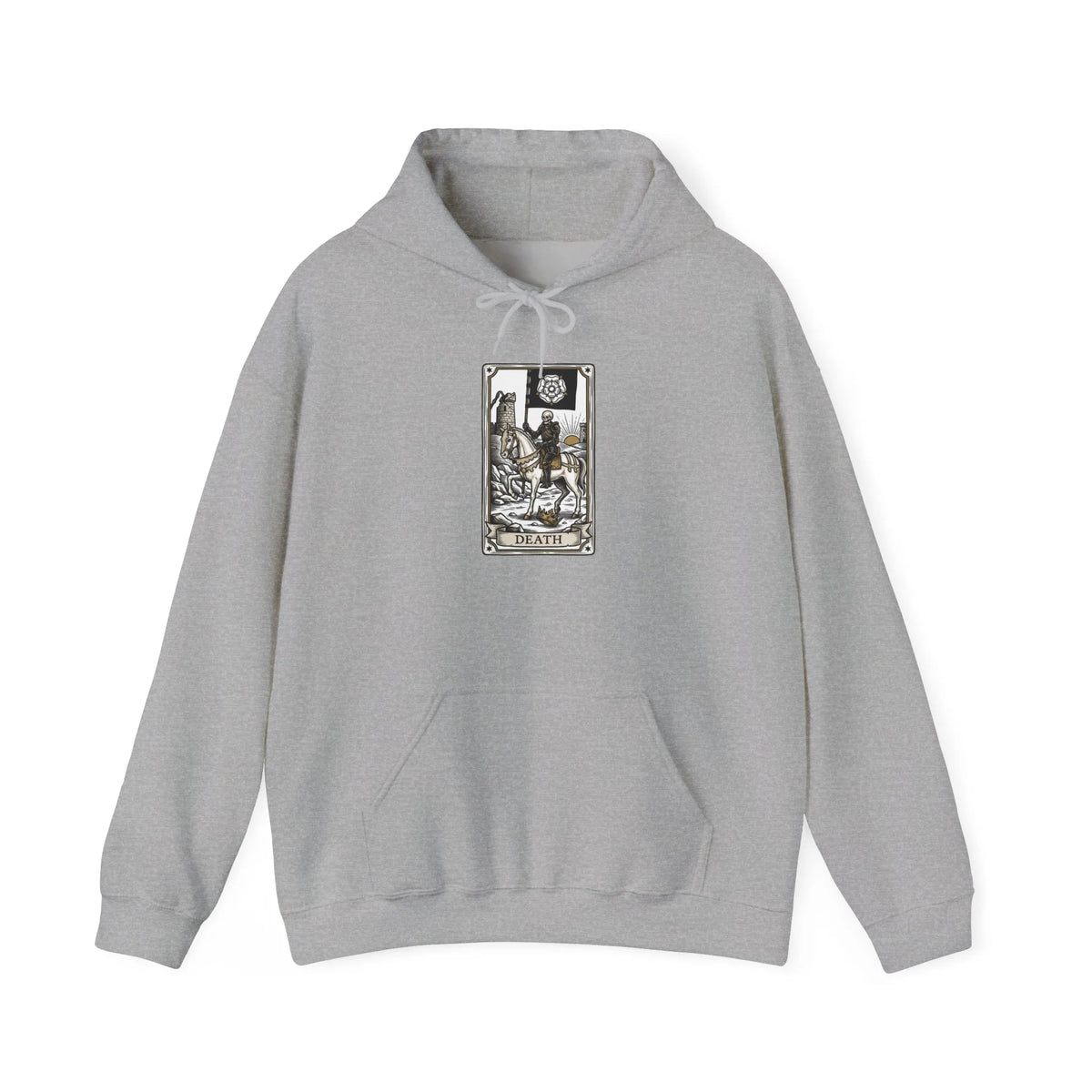 Death Tarot Card Graphic Hoodie - Medium-Heavy Cotton-Poly Blend Pullover - Unisex White