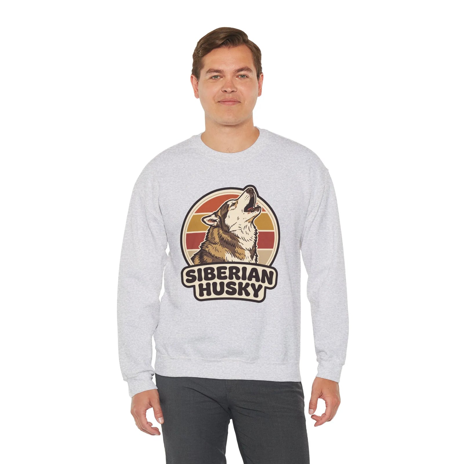 Siberian Husky Retro Sunset Sweatshirt - Heavy Blend Fleece Crewneck - Unisex White