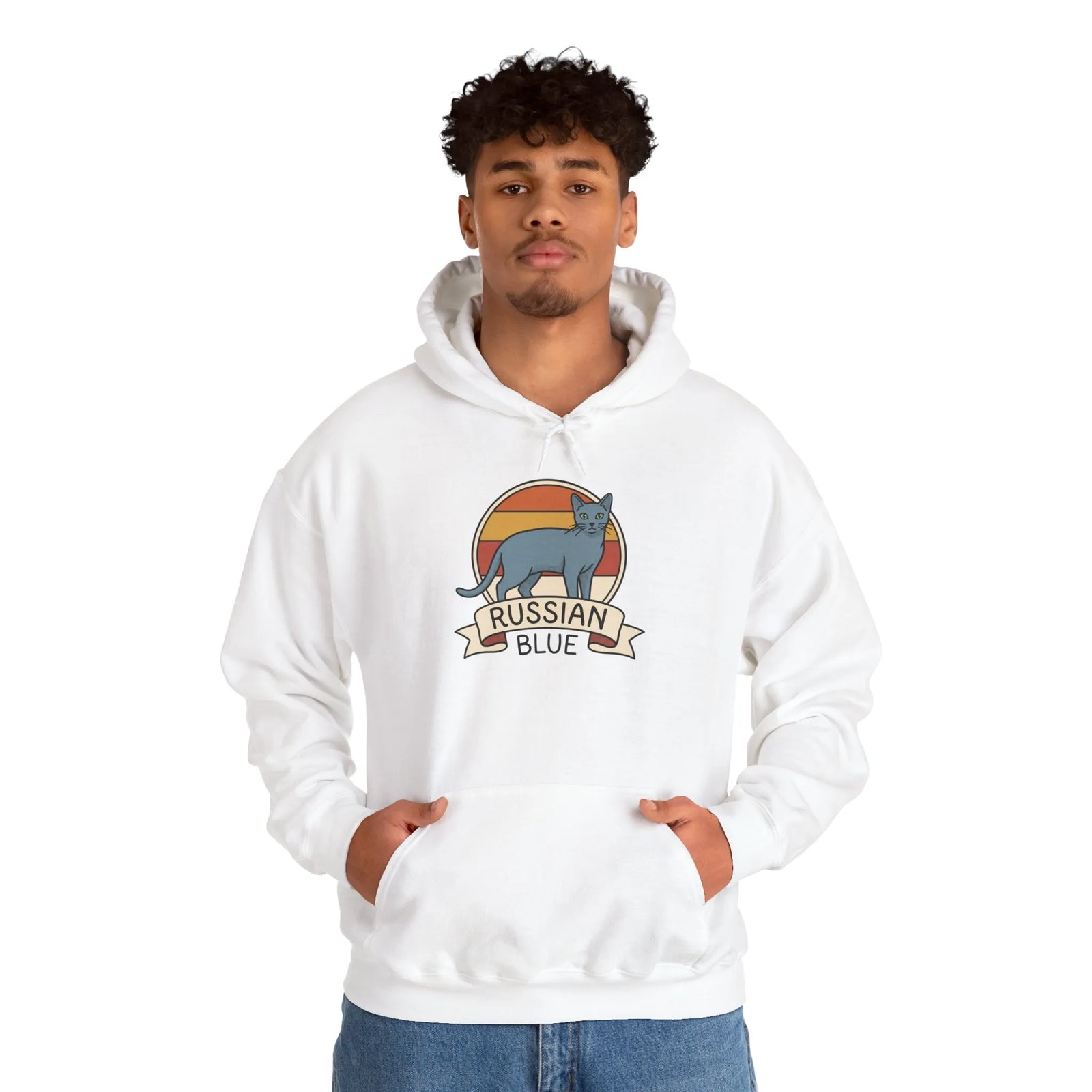 Russian Blue Cat Retro Sunset Hoodie - Heavy Blend Cotton Blend Pullover - Unisex White