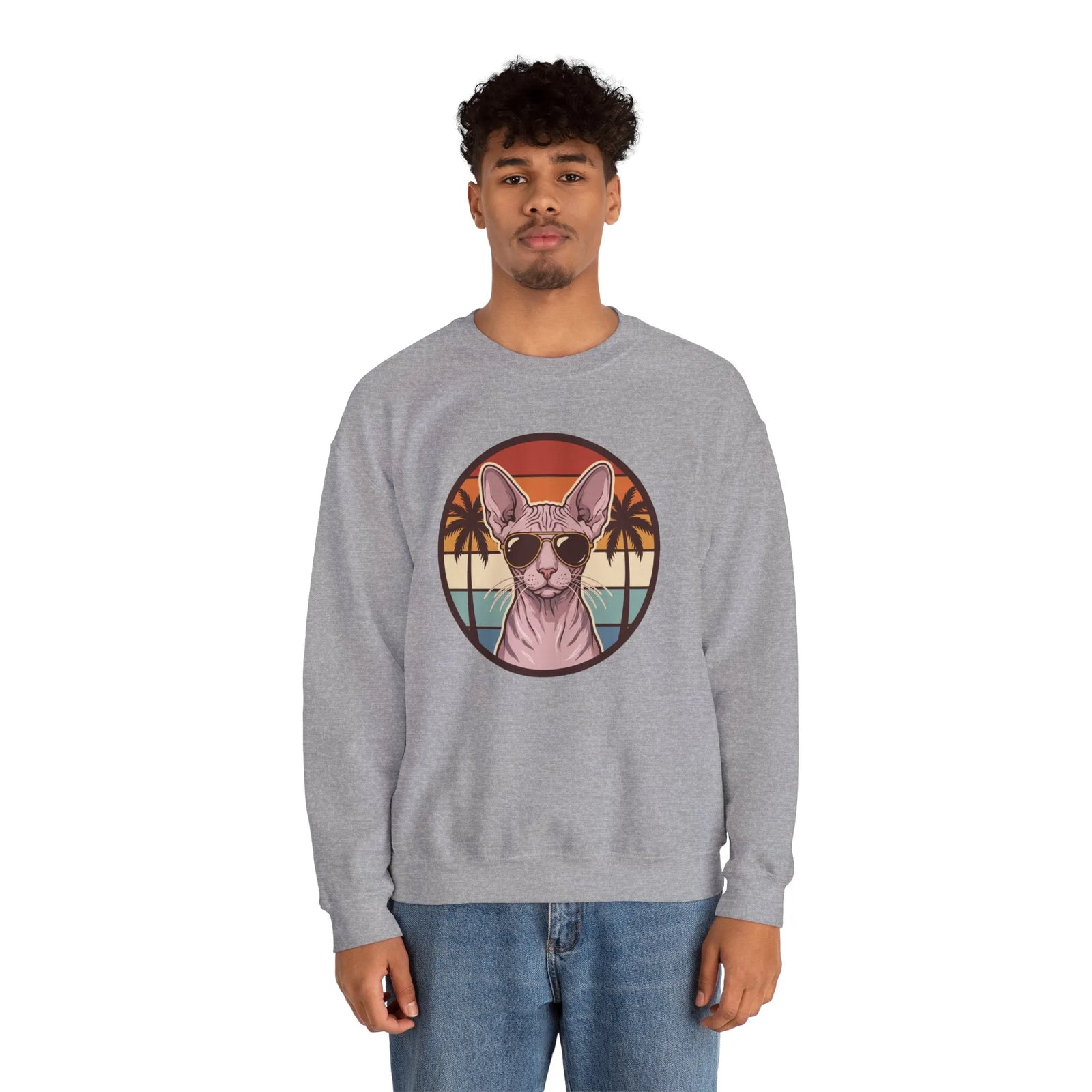 Sphynx Cat 70s Sunset Aviator Sweatshirt - Heavyweight Cotton Blend Crewneck - Unisex White