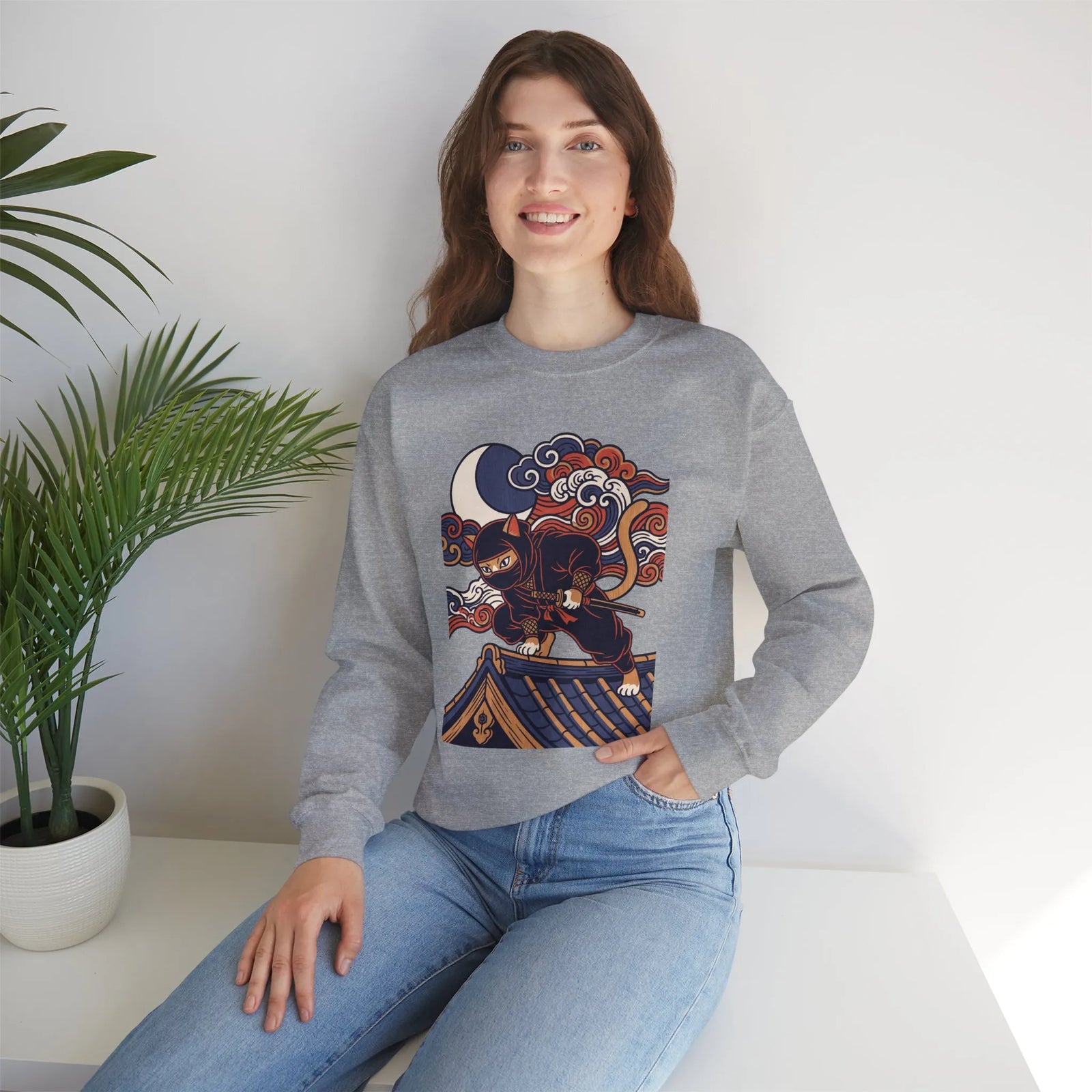 Ninja Cat Ukiyo-e Samurai Sweatshirt - Soft Heavyweight Fleece Crewneck - Unisex White