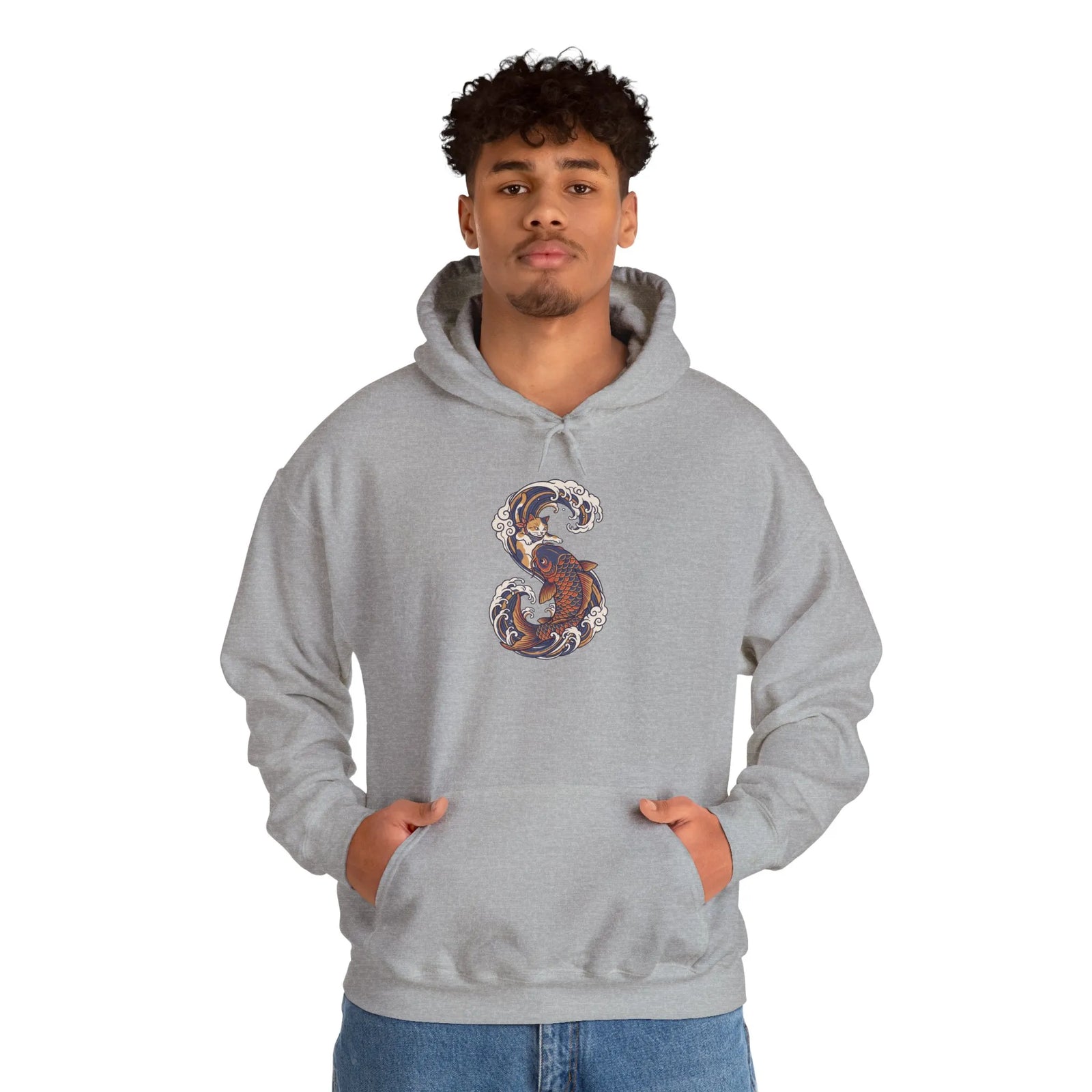 Ukiyo-e Samurai Cat Koi Rider Hoodie - Cozy Soft Blend Fleece Pullover - Unisex Off White