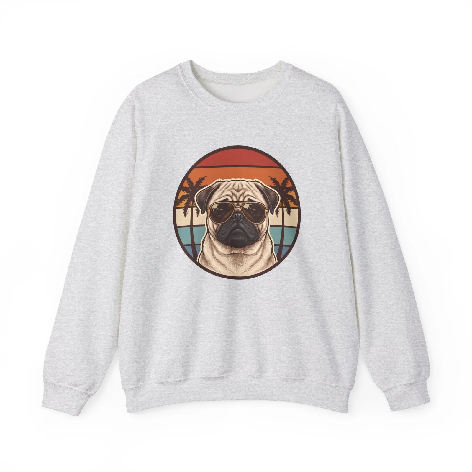 Pug Aviator Dog 70s Sunset Sweatshirt - Heavy Blend Fleece Crewneck - Unisex White
