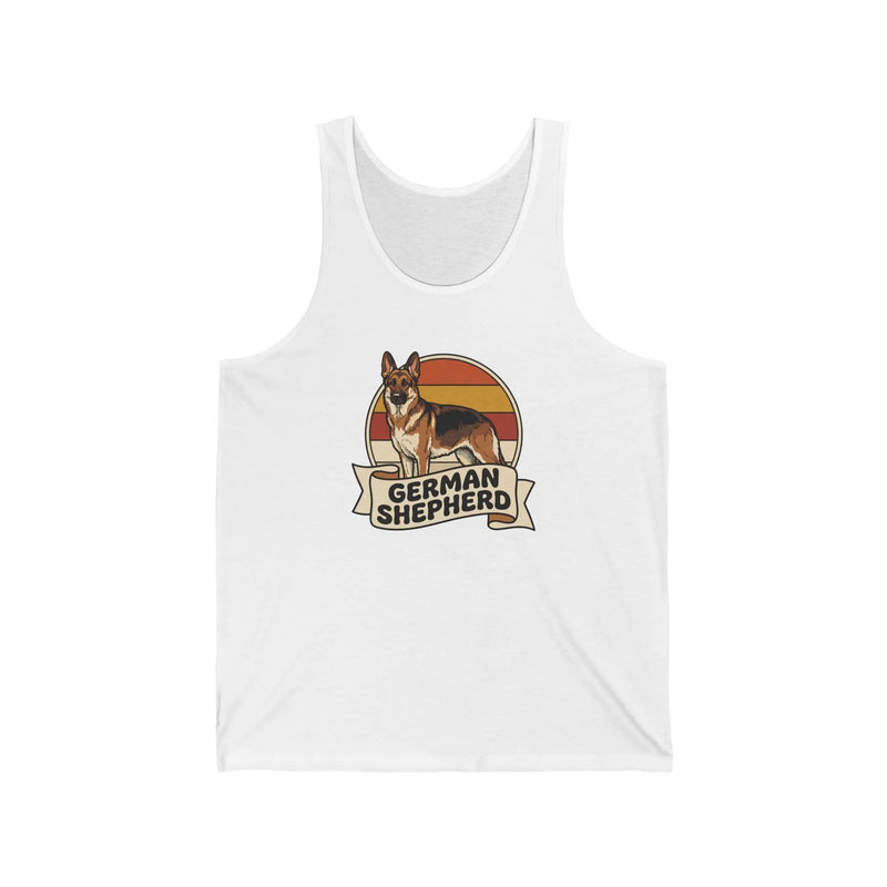 German Shepherd Retro Sunset Tank Top - Lightweight Jersey Retail Fit - Unisex White