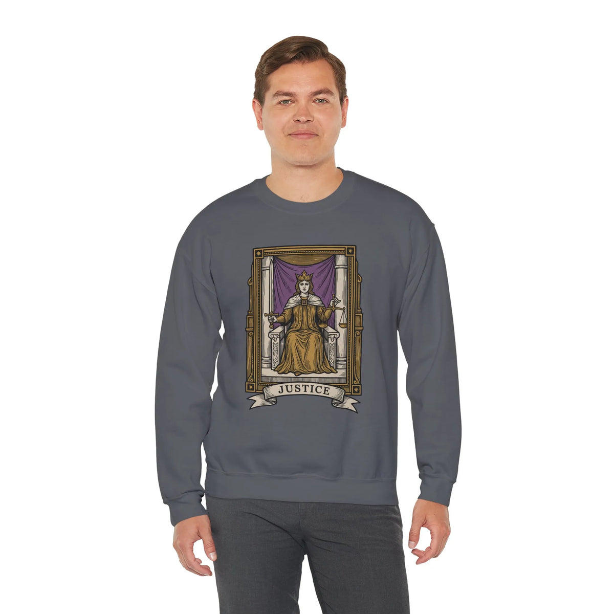 Justice Tarot Card Sweatshirt - Heavy Blend Cotton Poly Crewneck - Unisex White