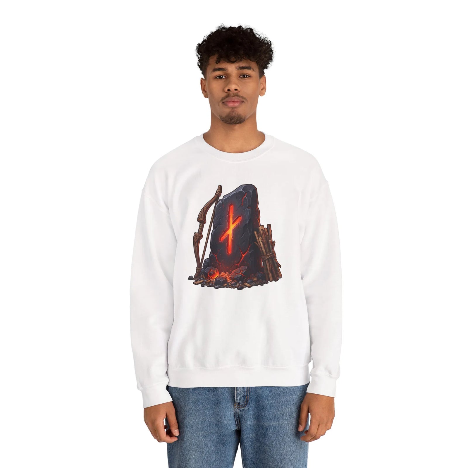 Nauthiz Rune Need-Fire Graphic Sweatshirt - Heavy Blend Crewneck Fleece - Unisex White