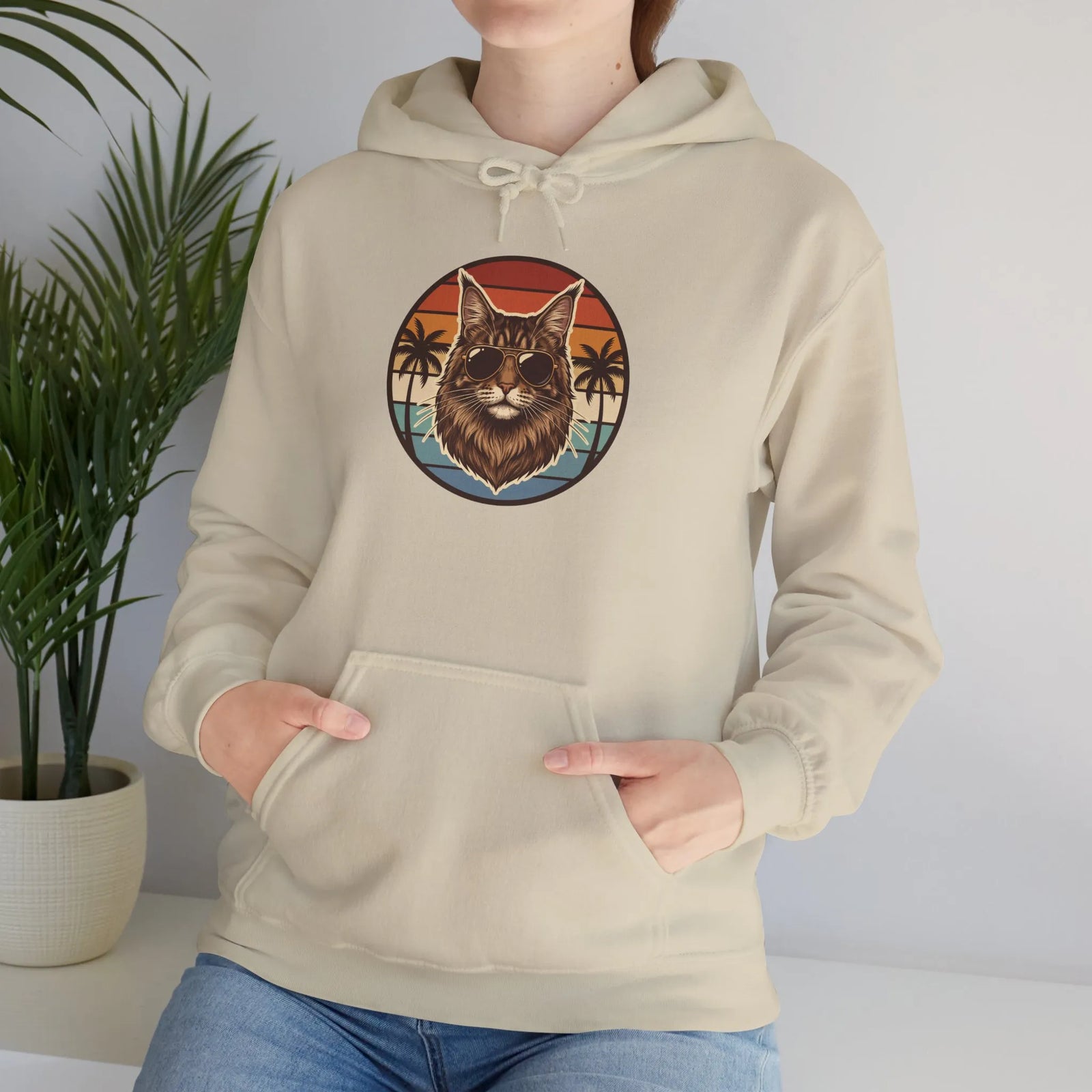 Maine Coon Cat Aviators Sunset Hoodie - Cozy Fleece Blend Pullover - Unisex White