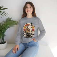 Siberian Husky Retro Sunset Sweatshirt - Heavy Blend Fleece Crewneck - Unisex White