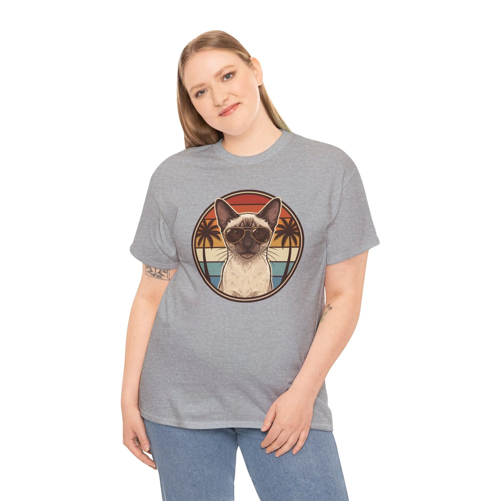 70s Sunset Siamese Cat Aviator T-Shirt - Heavyweight Cotton Classic Fit Tee - Unisex White