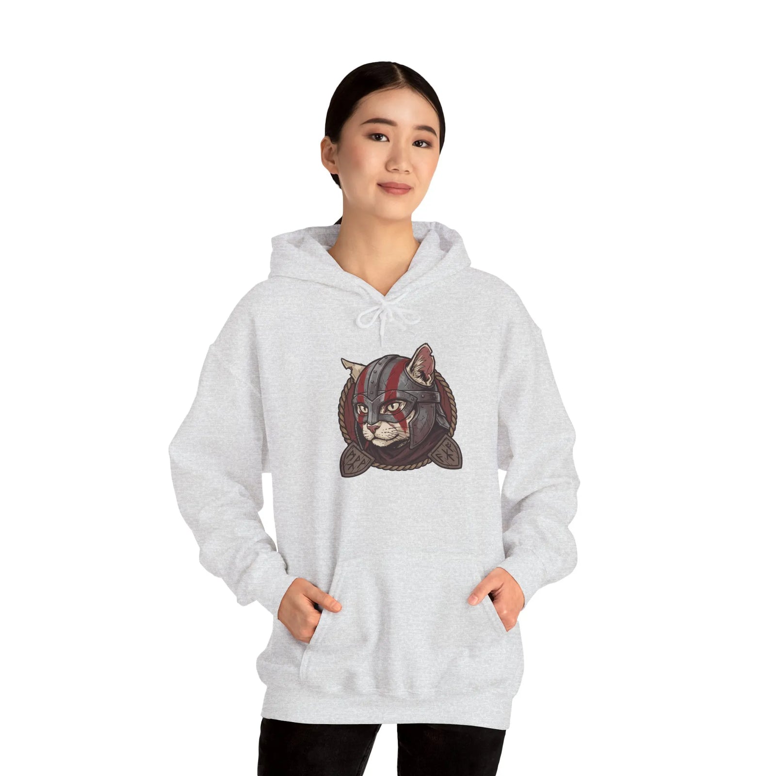 Viking Berserker Cat Warpaint Hoodie - Soft Cotton-Poly Fleece Pullover - Unisex Ash