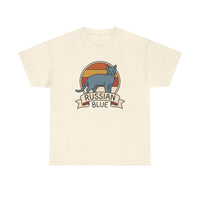 Russian Blue Retro 70s Sunset T-Shirt - Heavy Cotton Classic Fit Tee - Unisex White
