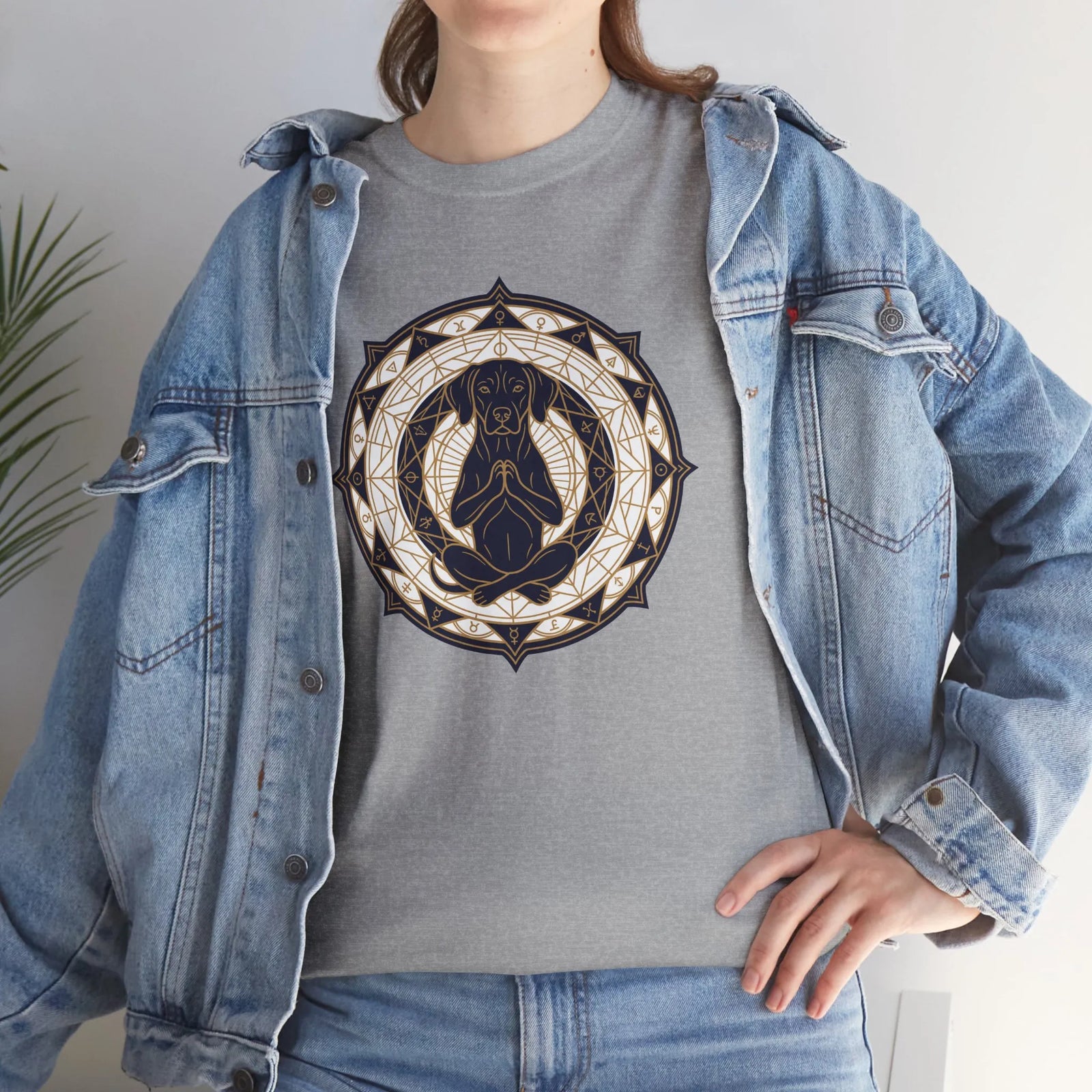 Meditating Dog Sacred Geometry T-Shirt - Heavy Cotton Classic Fit Tee - Unisex White