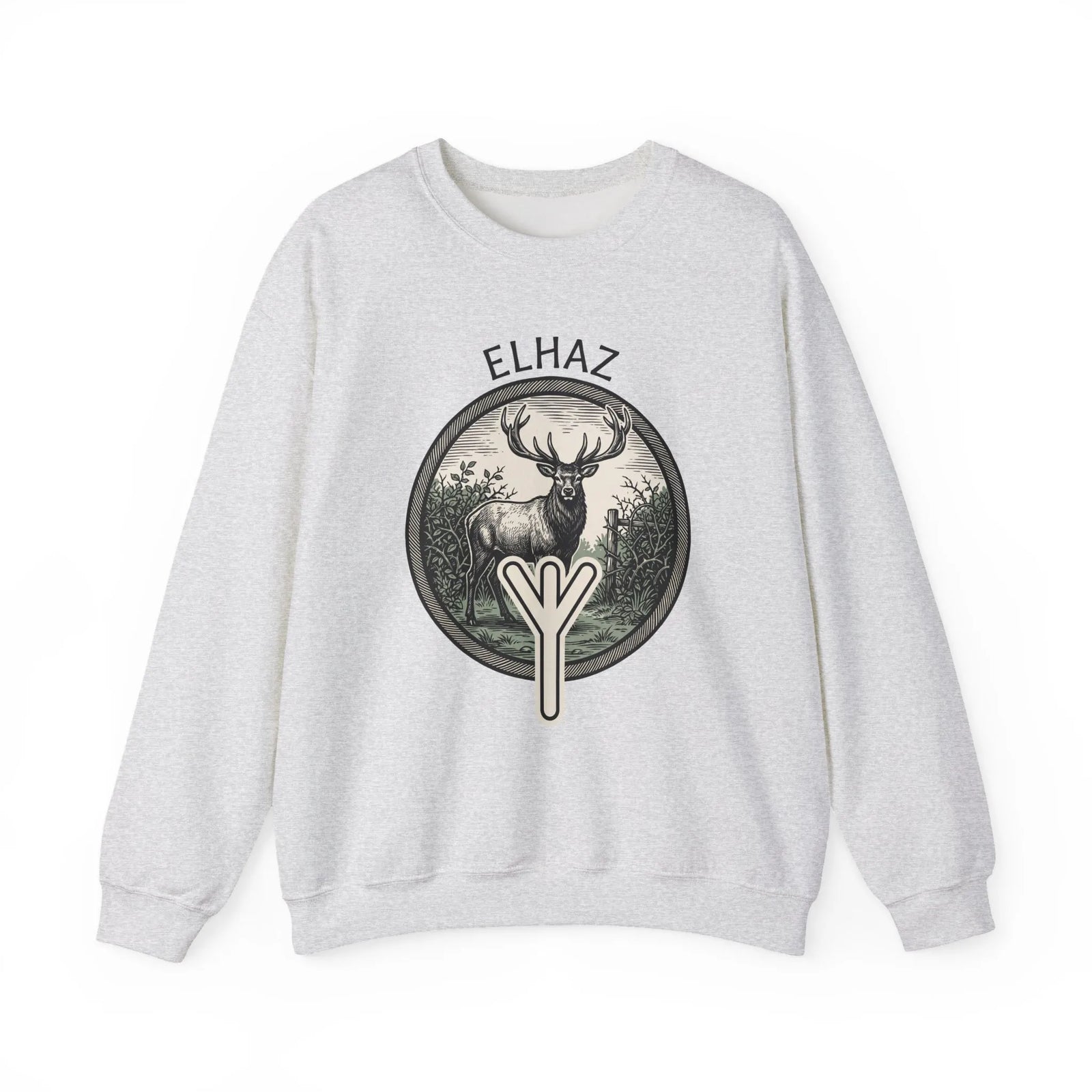 Elhaz Rune Protection Stag Sweatshirt - Medium-Heavy Cotton-Poly Crewneck - Unisex White