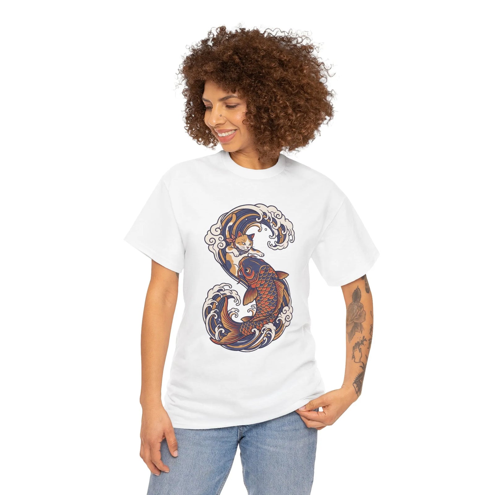 Koi Rider Ukiyo-e Samurai Cat T-Shirt - Heavy Cotton Classic Fit Tee - Unisex White