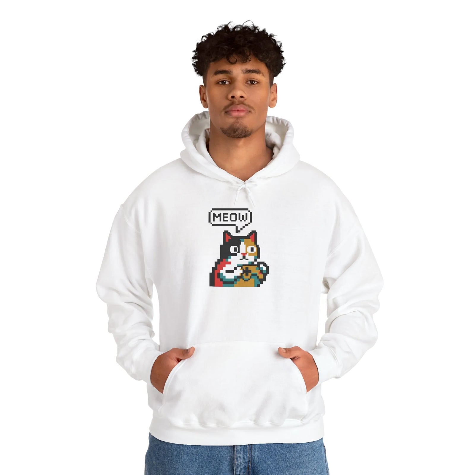 Player One 8-Bit Pixel Gaming Cats Hoodie - Soft Cotton Blend Fleece Pullover - Unisex White
