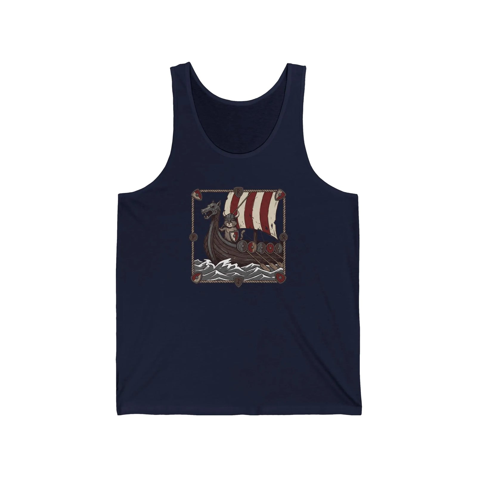 Viking Berserker Cat Longship Graphic Tank Top - Soft Ringspun Cotton Jersey - Unisex White