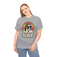 Border Collie Retro 70s Sunset T-Shirt - Heavy Cotton Classic Fit Tee - Unisex White