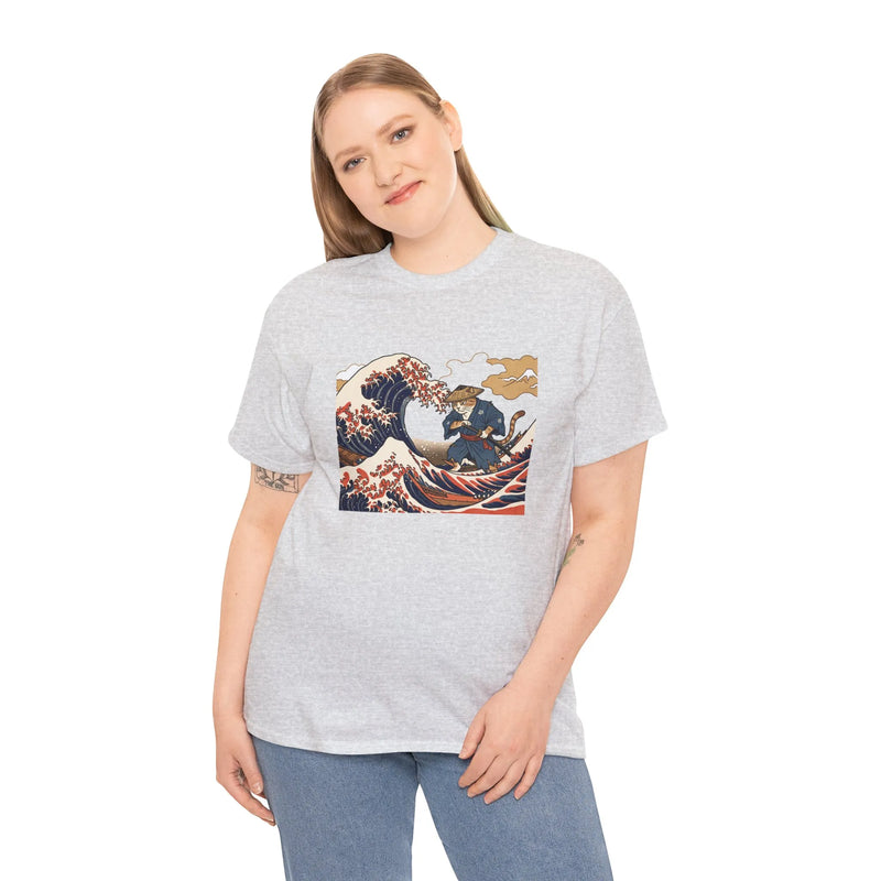 Ronin & Wave Ukiyo-e Cat T-Shirt - Heavy Cotton Classic Fit Tee - Unisex White