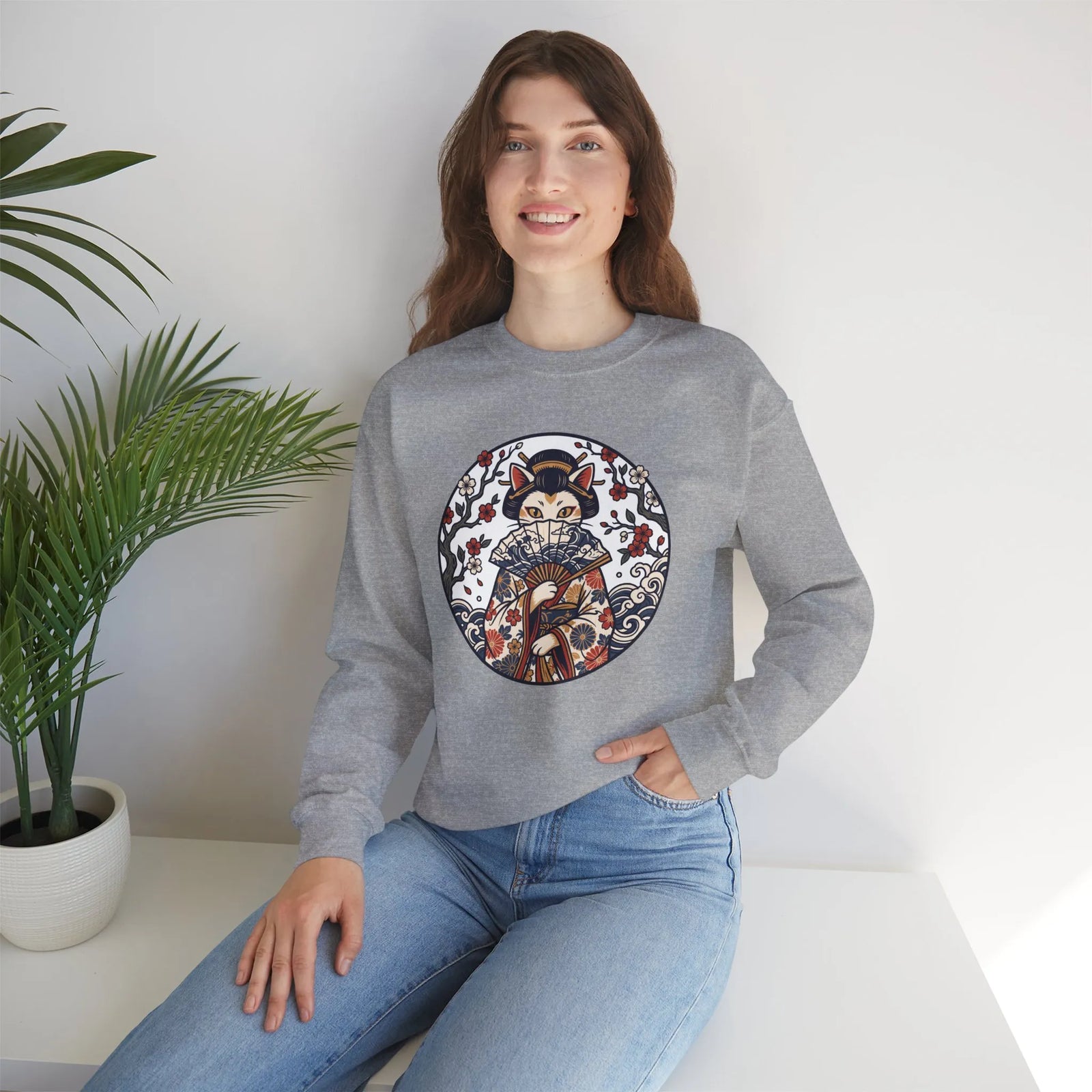 Ukiyo-e Samurai Cats Fan Dancer Sweatshirt - Heavy Blend Fleece Crewneck - Unisex White