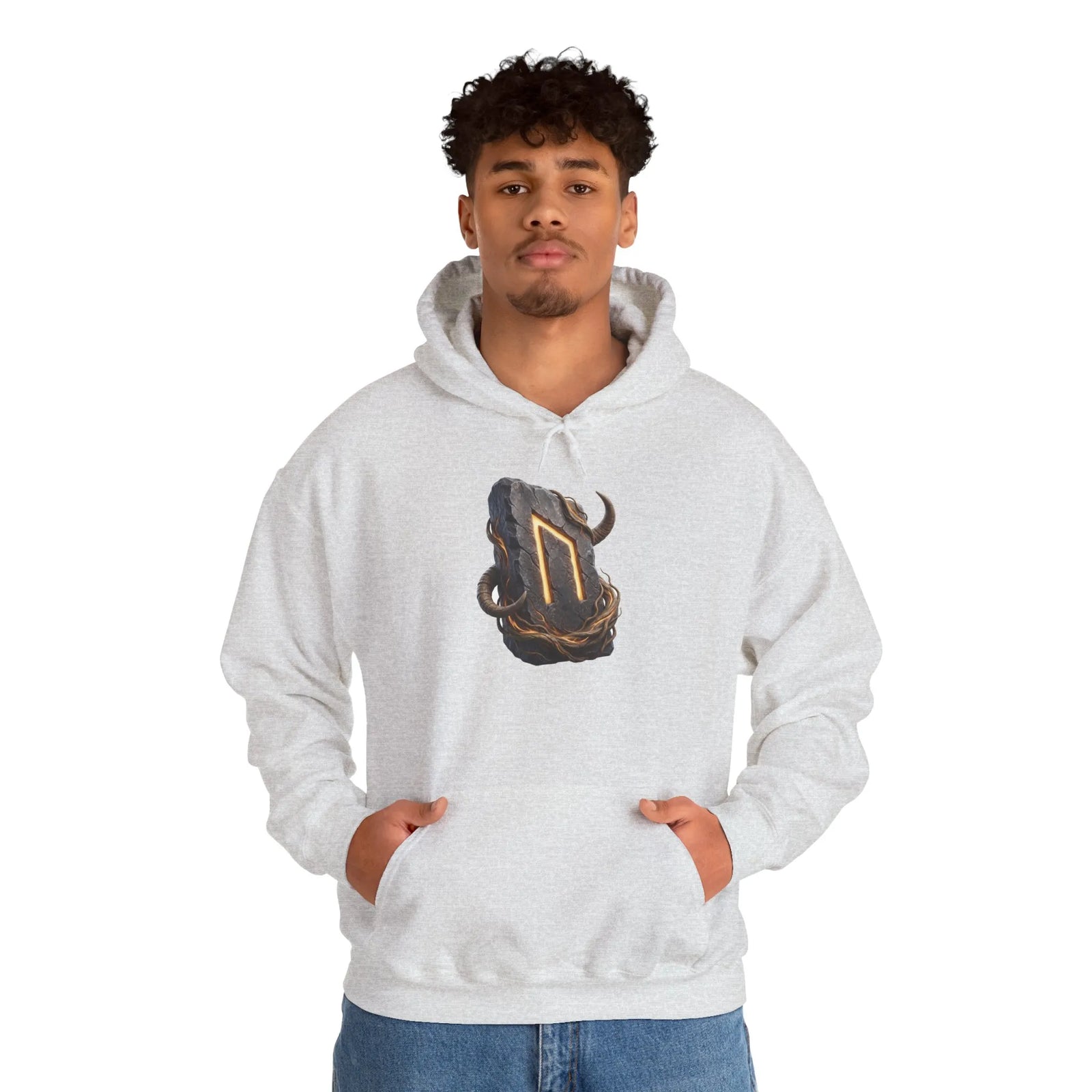 Uruz Runic Symbol Hoodie - Heavy Blend Fleece Pullover - Unisex Off White