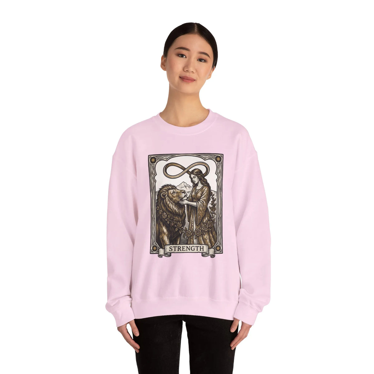 Strength Tarot Card Sweatshirt - Heavy Blend Crewneck Fleece - Unisex White