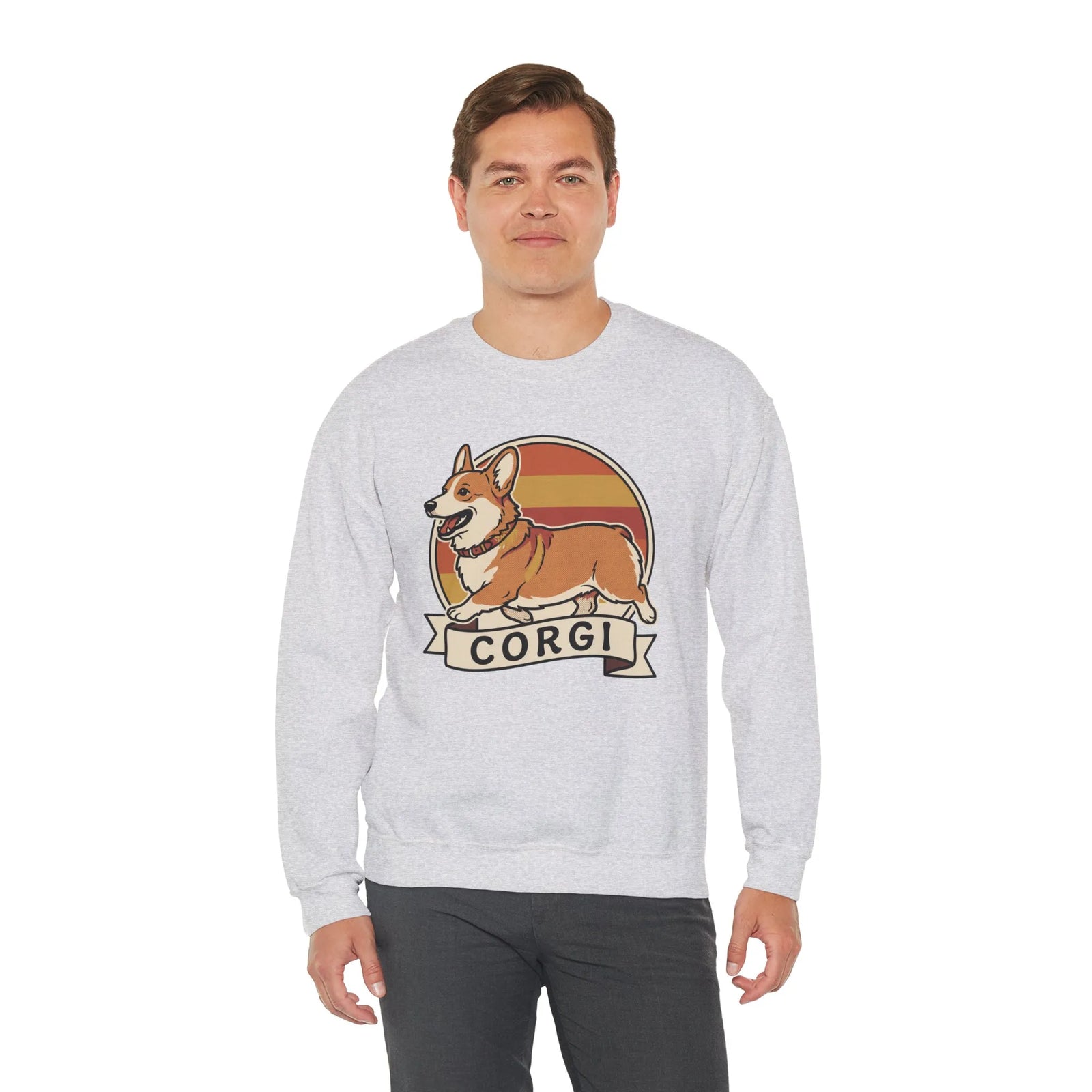 Retro 70s Sunset Corgi Sweatshirt - Classic Fit Cotton-Poly Crewneck - Unisex White