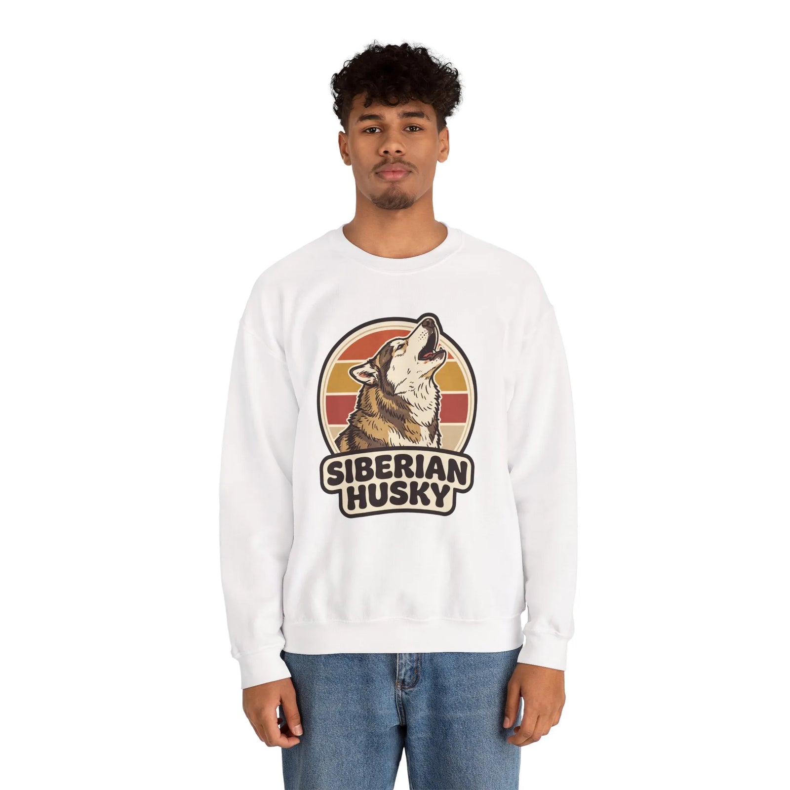 Siberian Husky Retro Sunset Sweatshirt - Heavy Blend Fleece Crewneck - Unisex White
