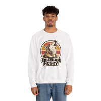 Siberian Husky Retro Sunset Sweatshirt - Heavy Blend Fleece Crewneck - Unisex White