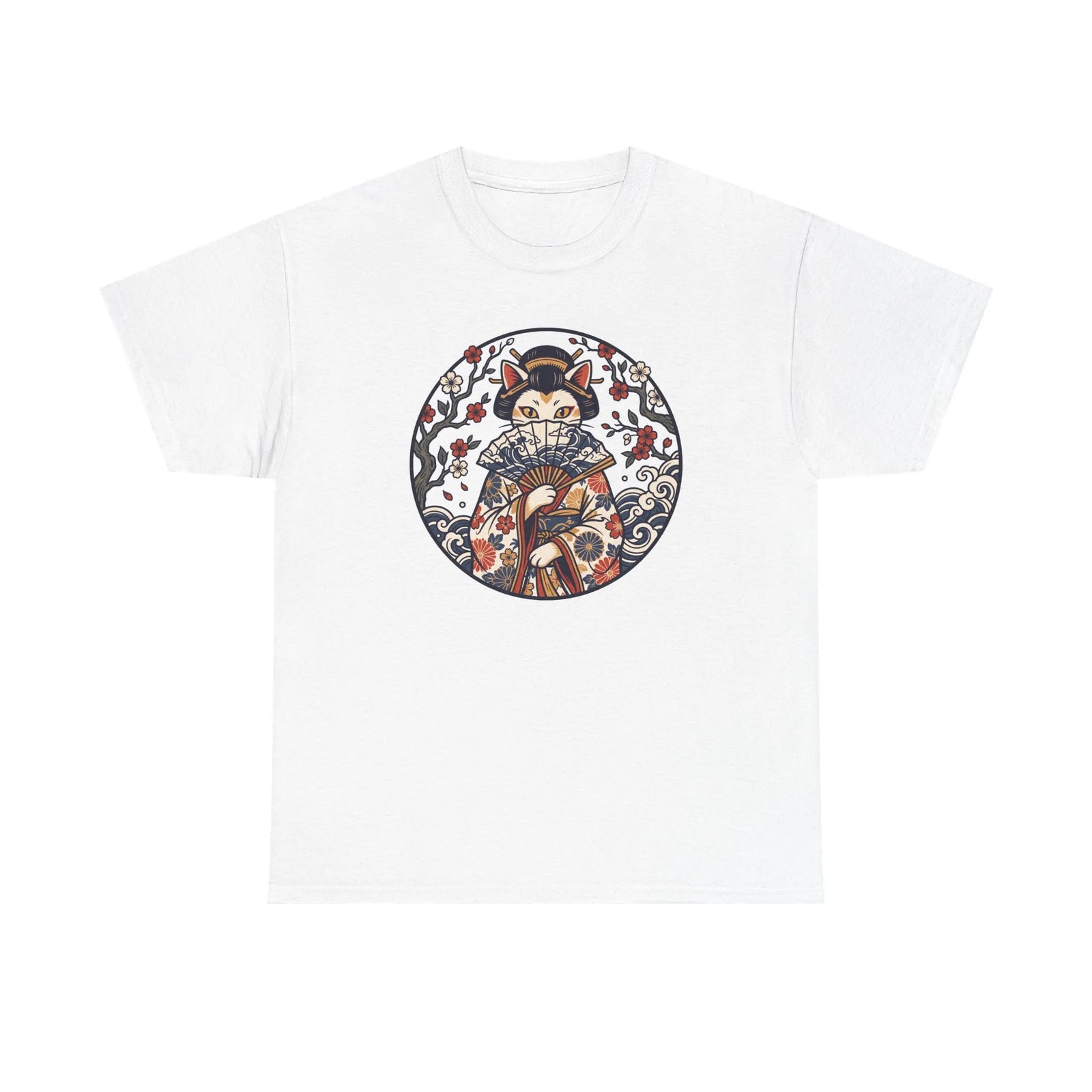 Ukiyo-e Samurai Cat Fan Dancer T-Shirt - Heavy Cotton Classic Fit Tee - Unisex White