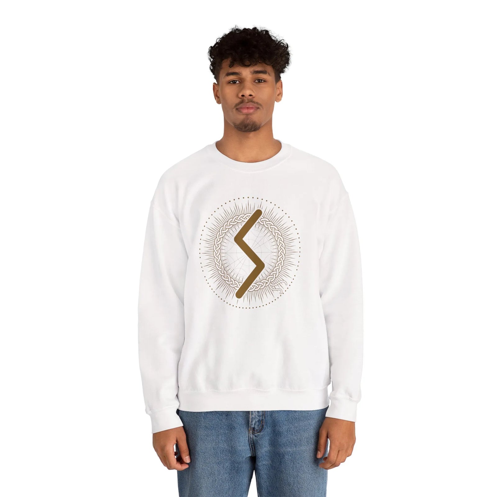 Sowulo Rune Sun Graphic Sweatshirt - Heavy Cotton Blend Crewneck - Unisex White