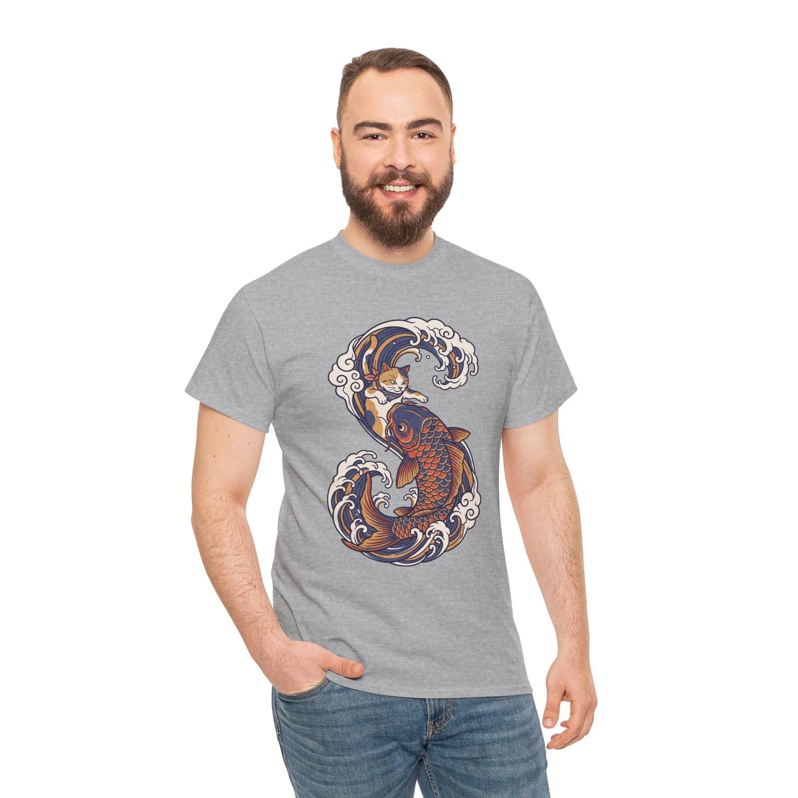Koi Rider Ukiyo-e Samurai Cat T-Shirt - Heavy Cotton Classic Fit Tee - Unisex White